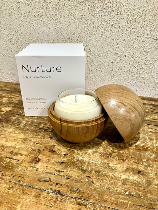 Only Orb Candle + Teak Vessel 'Nurture - Hyacinth & Hawthorn'