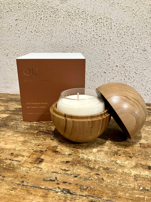 Only Orb Candle + Teak Vessel 'Ole - Amber, Wood & Spice'