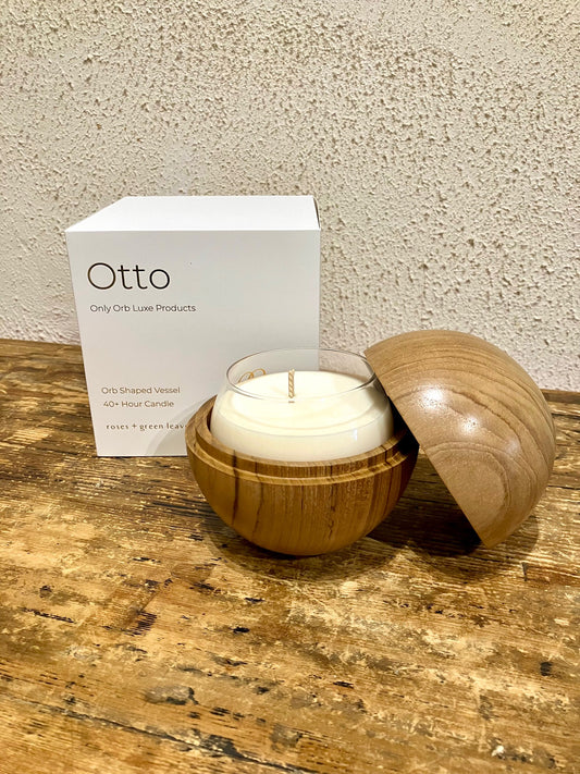 Only Orb Candle + Teak Vessel 'Otto - Roses & Green Leaves'
