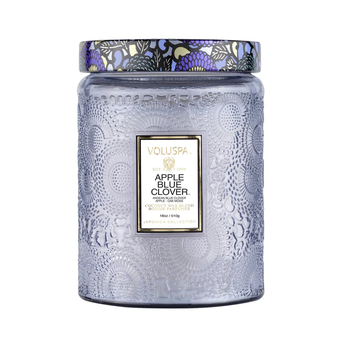 Voluspa Apple Blue Clover Candle 100 hr Embossed Glass Jar